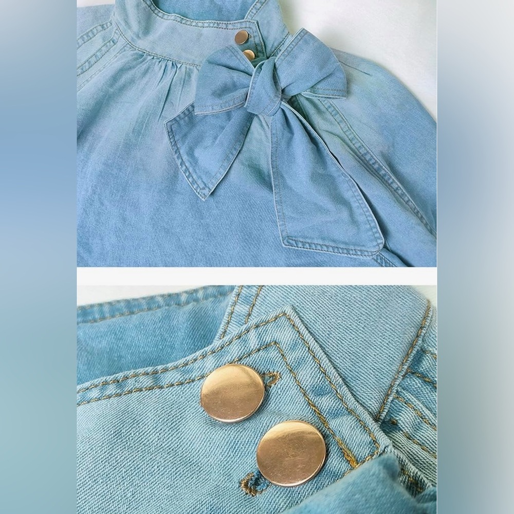 🆕Women’s Bow Design Top Button Up HighNeck Fashionable Top w/Puff Sleeves Large - Picture 2 of 3